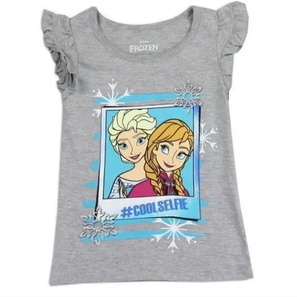 Disney Frozen Elsa Anna Cool Selfie Grey Glitter Ruffled Girls T-Shirt NWT